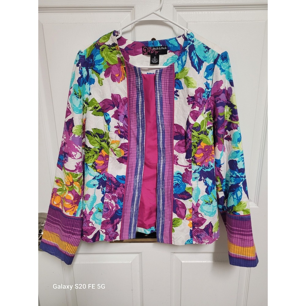 Vintage Peck & Peck Bright Floral Womens Size M Cotton Old Money Blazer Jacket